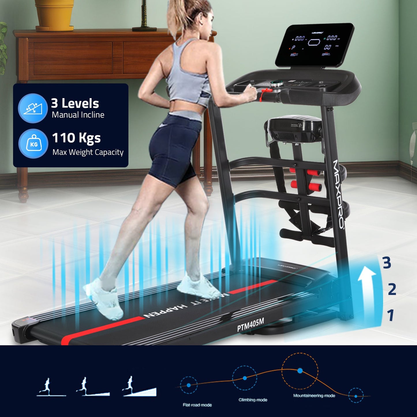 MAXPRO FORCE PRO 4.5 HP Peak DC Motorized Multifunction Folding Treadmill for home use with Massager,Max.Speed 14km/hr,Max.User Weight 110kgs,Fit Show App Support,Running Machine for Home gym(PTM405M)