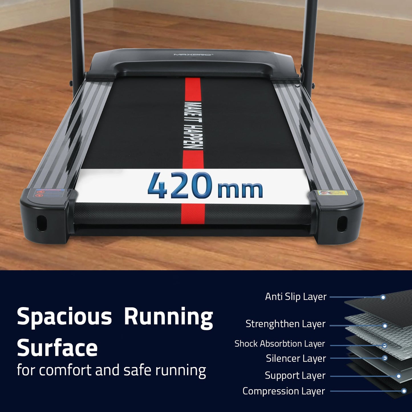 MAXPRO FORCE PRO 4.5 HP Peak DC Motorized Multifunction Folding Treadmill for home use with Massager,Max.Speed 14km/hr,Max.User Weight 110kgs,Fit Show App Support,Running Machine for Home gym(PTM405M)