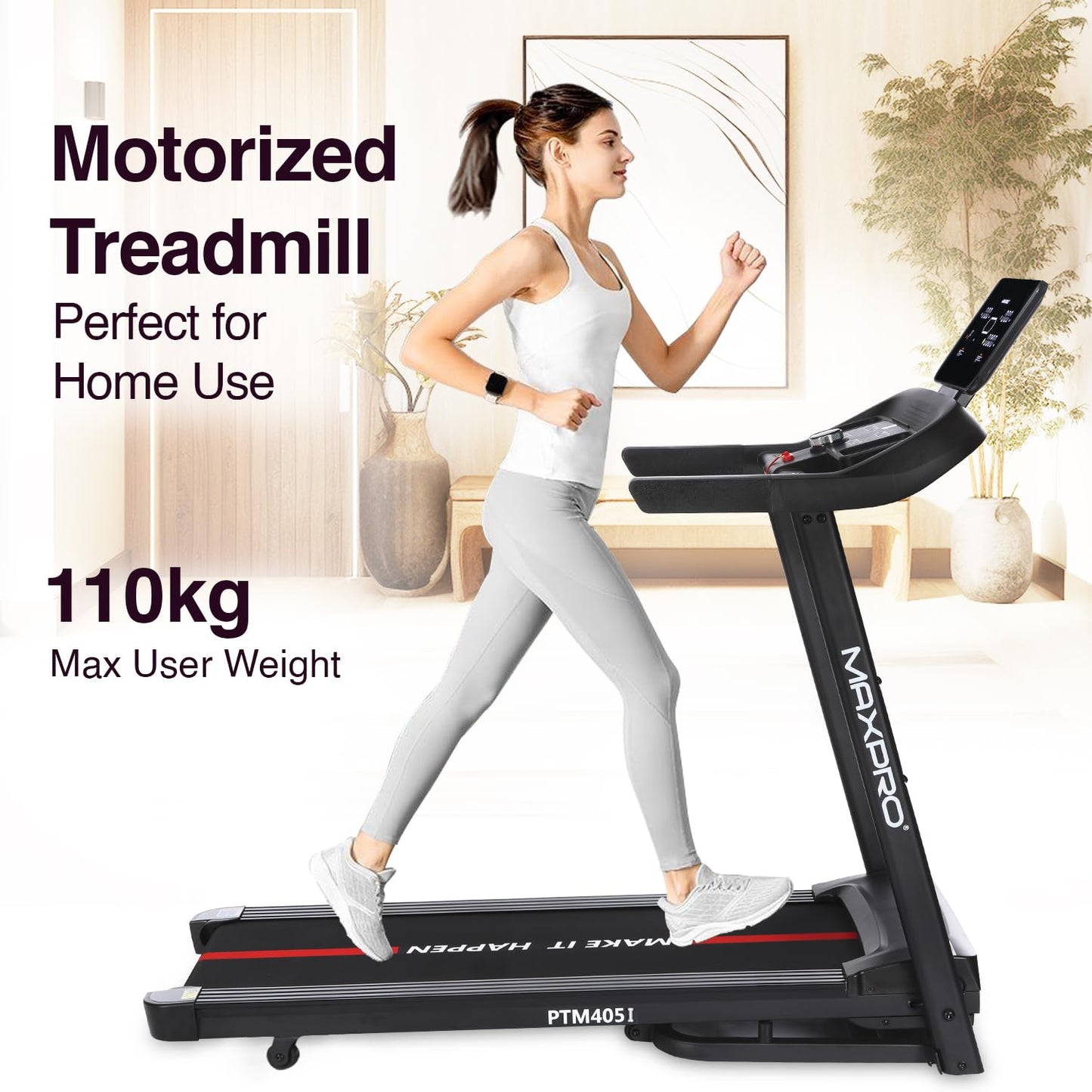 MAXPRO Fusion 4.5 HP Peak DC Motor, 15 Level Auto Incline Treadmill for Home Gym,Free Diet Plan,Max.Speed 14km/hr,Max. User Weight 110kgs,Fit Show App Support, LCD Display for Home use (PTM405I)