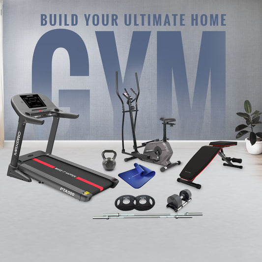 MAXPRO HOME GYM PACKAGE, 7HP PEAK DC MOTOR TREADMILL, ELLIPTICAL CROSS TRAINER, ADJUSTABLE BENCH and FITNESS ACCESSORIES