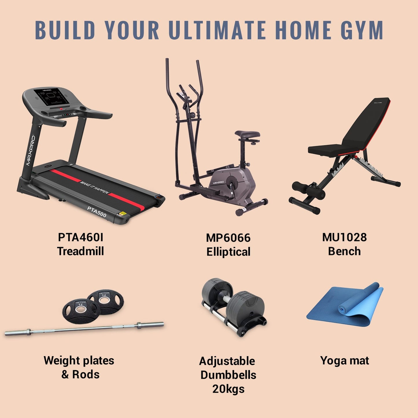 MAXPRO HOME GYM PACKAGE, 7HP PEAK DC MOTOR TREADMILL, ELLIPTICAL CROSS TRAINER, ADJUSTABLE BENCH and FITNESS ACCESSORIES